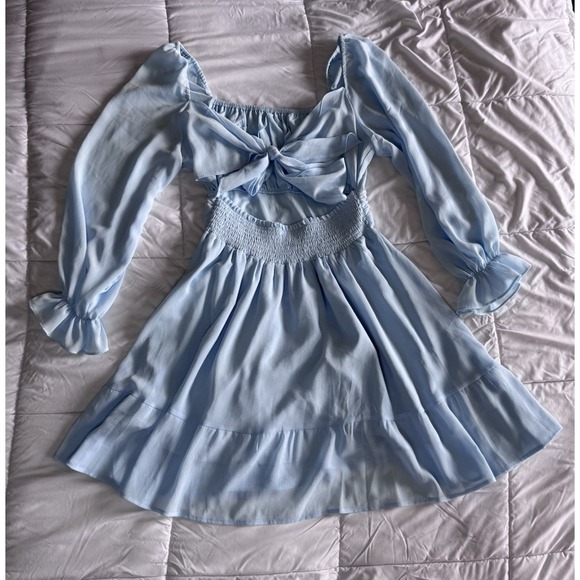 Exlura Lantern Sleeve Tie Back Ruffled A-Line Mini Dress BLUE Size Large - Picture 8 of 11